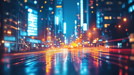 Obraz premium Night Cityscape: Vibrant Lights and Wet Streets