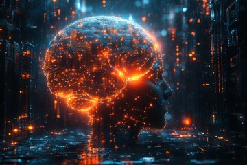 Fototapeta premium Glowing Digital Brain with Circuit Patterns in a Futuristic Data Environment