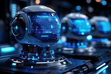 Futuristic Robot Heads with Glowing Blue Displays in High-Tech Laboratory Environment