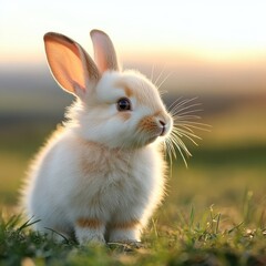 Obraz premium Golden Hued Bunny Close Up Cute Rabbits Soft Fur Glows In Warm Sunlight Amongst Green Grass Capturing Tranquil Gaze Of Fluffy, Adorable Rabbit