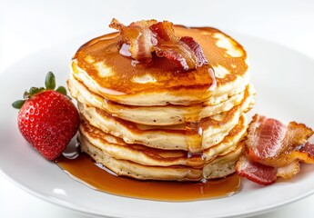 Stack of Delicious Pancakes Topped with Crispy Bacon, Fresh Strawberries, and Drizzled with Sweet Maple Syrup on a Bright White Plate