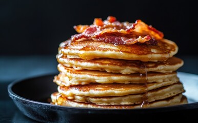 Stack of Fluffy Pancakes Topped with Crispy Bacon and Maple Syrup on a Dark Plate Against a Black Background