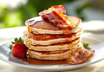 Stack of golden pancakes topped with crispy bacon, fresh strawberries, and drizzled with maple syrup on a warm breakfast plate in bright setting