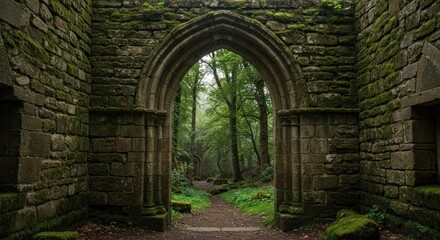 Fototapeta premium Walking Through Stone Archway Into Lush Green Forest Landscape