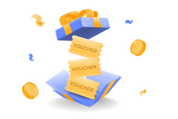 Gift vouchers and rewards concept with a surprise blue gift box. promotions, discounts, loyalty programs, and exclusive deals. 3d vector illustration