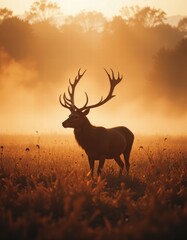 Obraz premium image of a stag in the meadow, the morning sunlight makes the image more beautiful