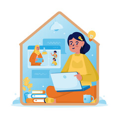 Cute girl studying online from home vector illustration