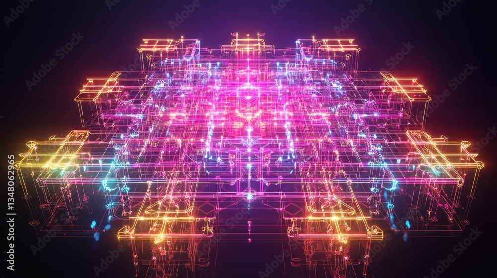 Poster abstract visualization of complex blockchain transactions with neon colors