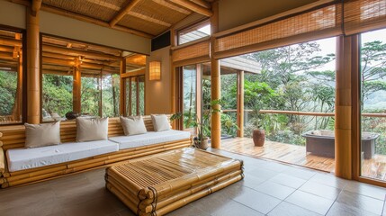 Fototapeta premium Contemporary Eco-Friendly Bamboo House Interior with Nature Views