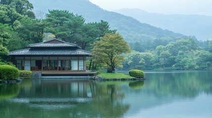 Obraz premium Tranquil Contemporary Japanese House by Lakeside in Serene Landscape