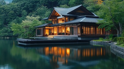 Obraz premium Contemporary Japanese House by Lakeside at Twilight Reflection