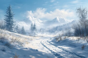A snowy mountain scene depicts a winter landscape in nature