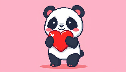 Fototapeta premium Pixel Art Panda Holding a Pixelated Heart 2