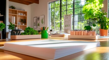 Bright and Inviting Workspace with Greenery and Office Supplies