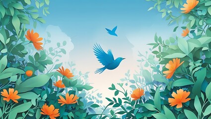 Springtime Scene with Flowers and Birds in Paper Cut Style