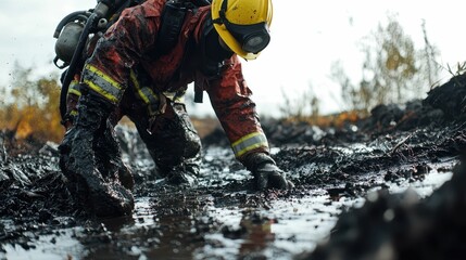 Fototapeta premium Firefighter Managing Oil Spill with Safety Gear and Equipment