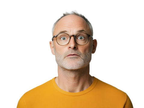 Senior Man with Surprised Expression Wearing Glasses and Yellow Sweater