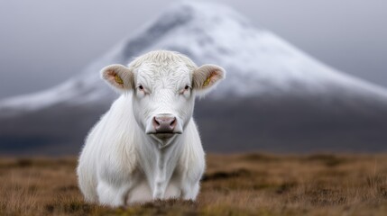 Obraz premium White calf in a meadow, mountain backdrop