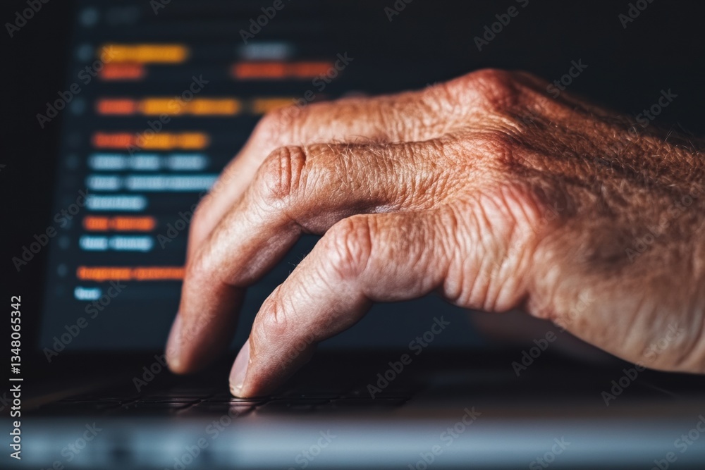 Poster Aging in Digital Era Experienced Professional Navigating Generative AI Workflow with Textured Hands on Advanced Data Interface - Intergenerational Tech Empowerment