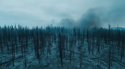Obraz premium Devastated Landscape After Wildfire with Blackened Trees in Foreground and Dark Smoke Background