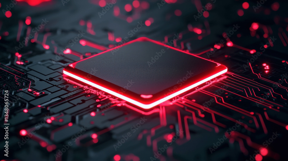 Wall mural glowing microchip on futuristic circuit board with neon red and black technology abstract design