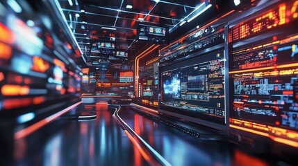 Fototapeta premium Futuristic AI-Driven News Station Interior with Real-Time Displays