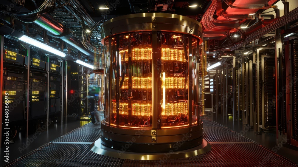Poster futuristic quantum computer with advanced processing technology