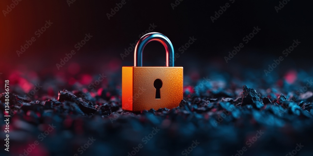Poster Cyber Resilience Reimagined Gradient-Illuminated Digital Padlock Symbolizing Advanced Network Security and Threat Protection in Immersive Tech Landscape