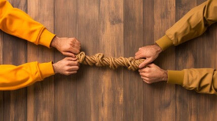 Two Hands Pulling a Knot of Rope on Rustic Wooden Surface