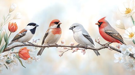 Fototapeta premium Spring nature event featuring colorful birds among flowers in bloom cheerful flora scene