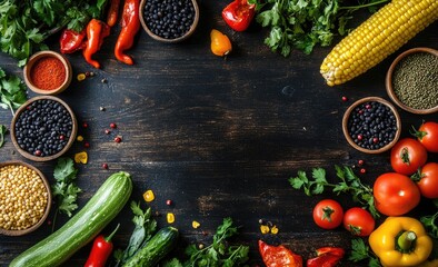 Fresh, colorful, and flavorful vegetables, herbs, and spices arranged in a frame on a dark wooden surface.  A variety of ingredients ideal for culinary creations
