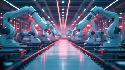 Obraz premium Futuristic Automated Factory: A Symphony of Robotic Arms