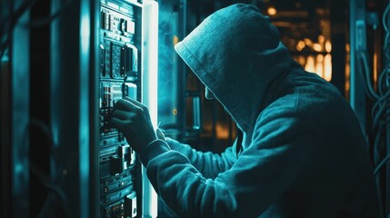 Fototapeta premium Hacker Breaking Into Encrypted Vault with High-Tech Equipment
