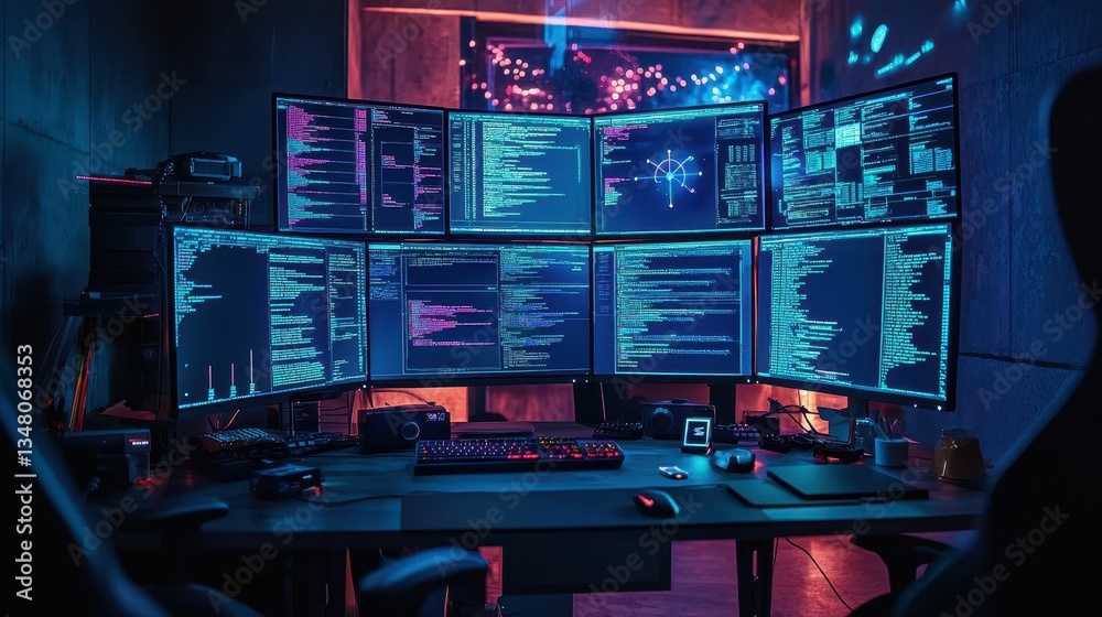 Poster advanced monitoring setup with multiple screens in dark environment