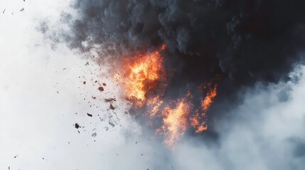 Intense explosion with bright flames, billowing smoke, and flying debris against a clean white background. Versatile for depicting action, destruction, or dramatic scenes.