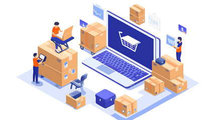 Isometric Illustration of ECommerce Warehouse Workers Processing Orders with Laptop