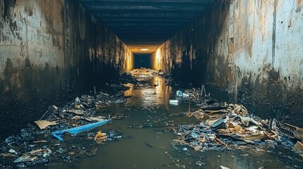 Large Underground Sewage Tunnel Filled with Debris and Waste