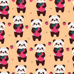 seamless pattern cute cartoon panda holding a strawberry. cute animal drawing for wallpaper, pattern, background