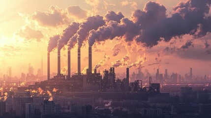 Obraz premium Massive Industrial Coal Plant with Smoke Stacks Against Sunset Sky