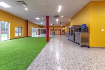 Modern Indoor Space with Green Turf and Vibrant Yellow Walls