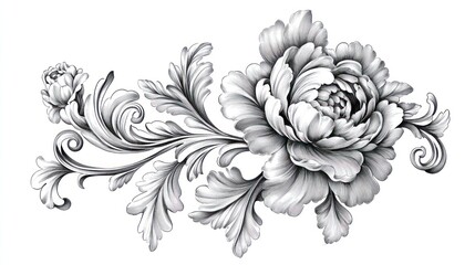 Fototapeta premium Elegant Monochrome Floral Design: A grayscale illustration of a peony flower with intricate baroque scrollwork.