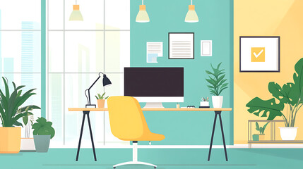 Modern Minimalist Office Workspace with Yellow Chair and Greenery