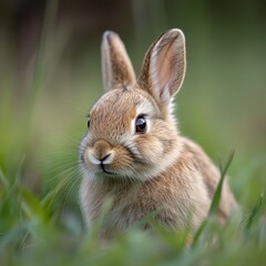 Fototapeta premium Charming Rabbit Closeup Natural Image Of Soft Fur Green Grass In Field, Featuring An Adorable Young Rabbit With Alert Eyes And Delicate Whiskers, Perfect For Nature Lovers