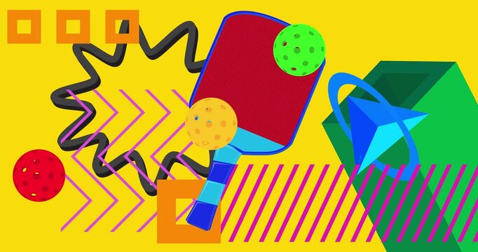 Pickleball geometrical graphic retro sport theme background video. Minimal geometric elements animation. Vintage abstract shapes illustration for advertising.