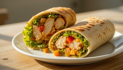 A Chicken Wrap Sandwich on White Plate.