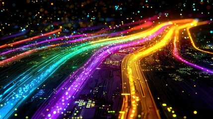 Vibrant Neon Data Stream Flowing Through Futuristic Landscape