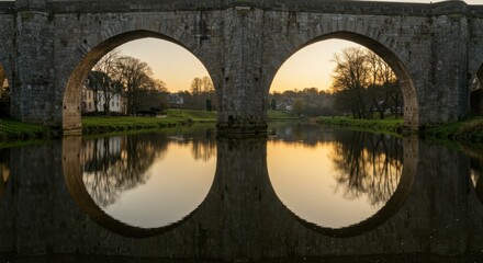 Fototapeta premium Stone Arch Bridge Reflection in Calm River at Peaceful Sunset
