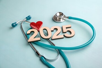 2025 Happy New Year for health care.heart health, health insurance concept, new year resolutions goal. yearly health checks and healthy trend. Red heart and stethoscope on blue background