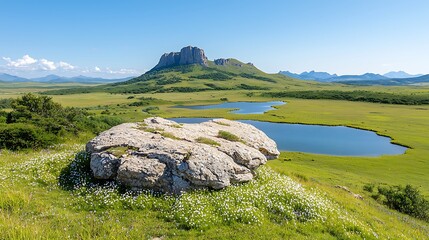 Fototapeta premium Spring flora blossom on rocky landscape by serene lake in nature environment