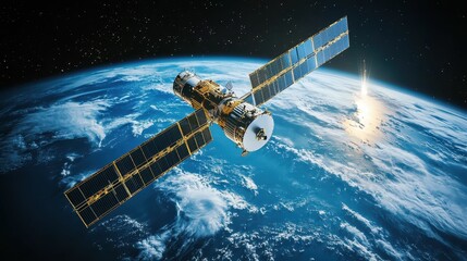 Obraz premium Satellite Orbiting Earth Collecting Weather Data in Space Above Planet